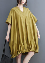 Modern Yellow V Neck Wrinkled Button Solid Maxi Dresses Short Sleeve