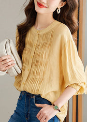 Modern Yellow Wrinkled Button Patchwork Chiffon Top Long Sleeve