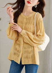Modern Yellow Wrinkled Button Patchwork Chiffon Top Long Sleeve