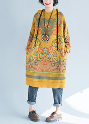 Modern Yellow drawstring Hooded Pullover Streetwear dresses Spring