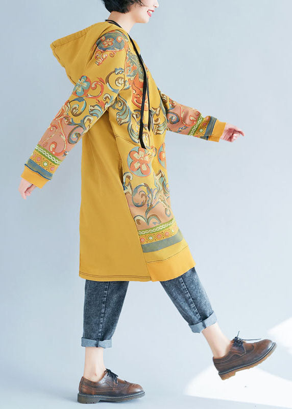 Modern Yellow drawstring Hooded Pullover Streetwear dresses Spring