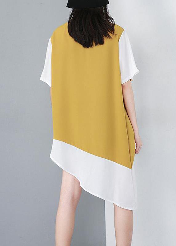 Modern Yellow top silhouette Organic Personality Loose Spliced Irregular Chiffon T-Shirt - SooLinen