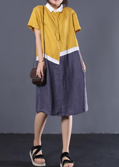 Modern asymmetric patchwork linen clothes Women Neckline yellow POLO collar cotton Dresses summer - SooLinen