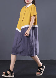 Modern asymmetric patchwork linen clothes Women Neckline yellow POLO collar cotton Dresses summer - SooLinen