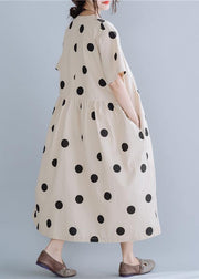 Modern beige dotted cotton Tunics v neck long summer Dress - SooLinen
