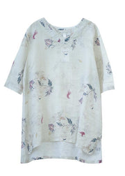 Modern beige print linen tunics for women v neck half sleeve baggy summer blouse - SooLinen