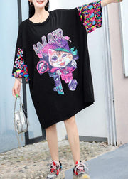 Modern black Cartoon print Cotton dress Appliques sleeve cotton summer Dresses - SooLinen