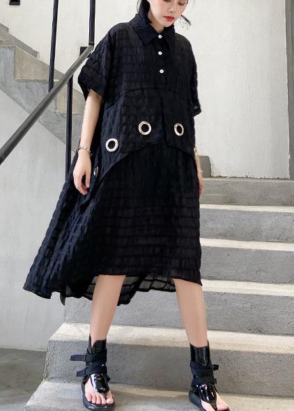 Modern black Cotton Tunic lapel low high design Midi summer Dress - SooLinen