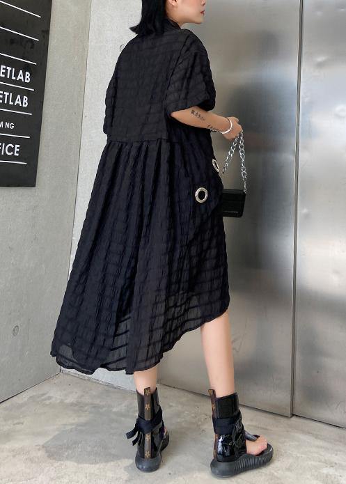 Modern black Cotton Tunic lapel low high design Midi summer Dress - SooLinen