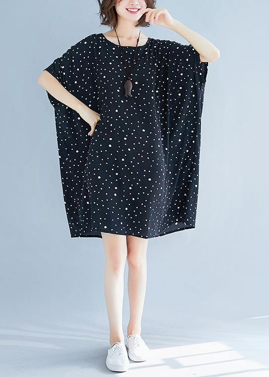 Modern black Cotton dresses dotted short summer Dresses - SooLinen