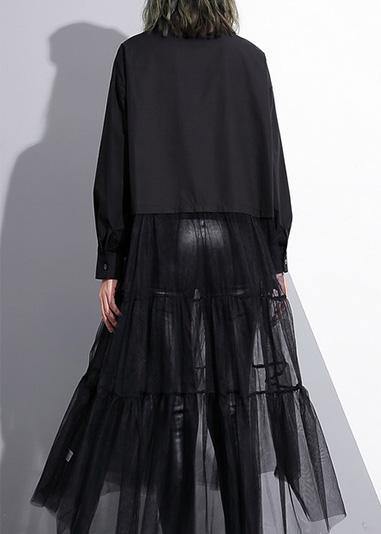 Modern black Cotton patchwork tulle fine Runway lapel false two pieces cotton Summer Dresses - SooLinen