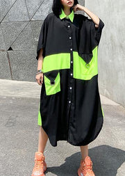 Modern black Cotton quilting dresses lapel patchwork baggy summer Dresses - SooLinen