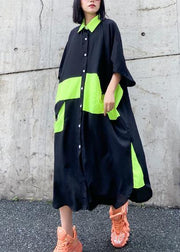 Modern black Cotton quilting dresses lapel patchwork baggy summer Dresses - SooLinen