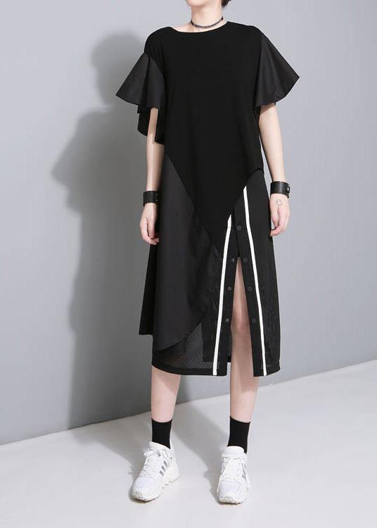 Modern black Cotton quilting dresses side open short patchwork summer Dresses - SooLinen