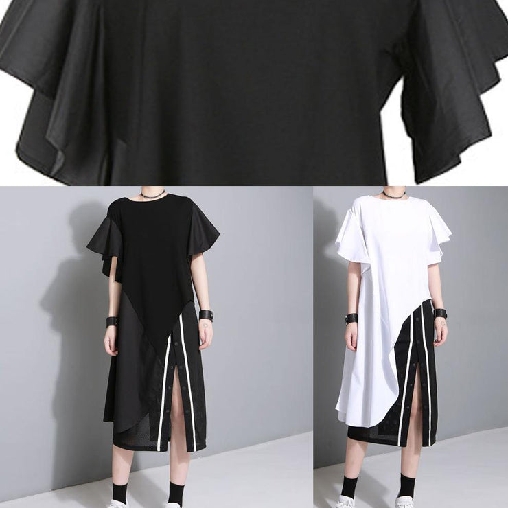 Modern black Cotton quilting dresses side open short patchwork summer Dresses - SooLinen