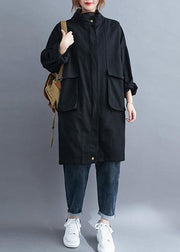 Modern black Fine coats women blouses Neckline stand collar Large pockets outwears - SooLinen
