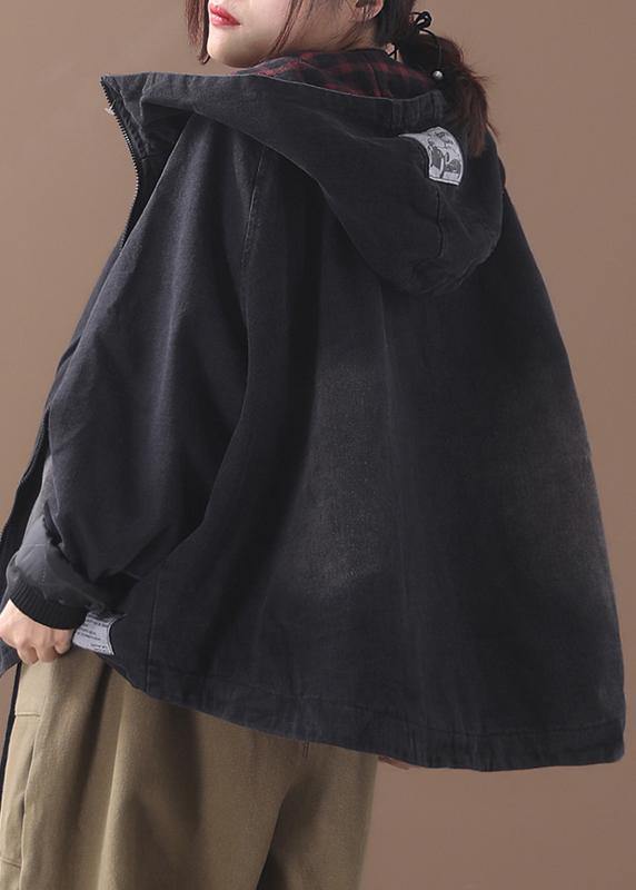Modern black Fine crane coat Photography denim  hooded short coats - SooLinen