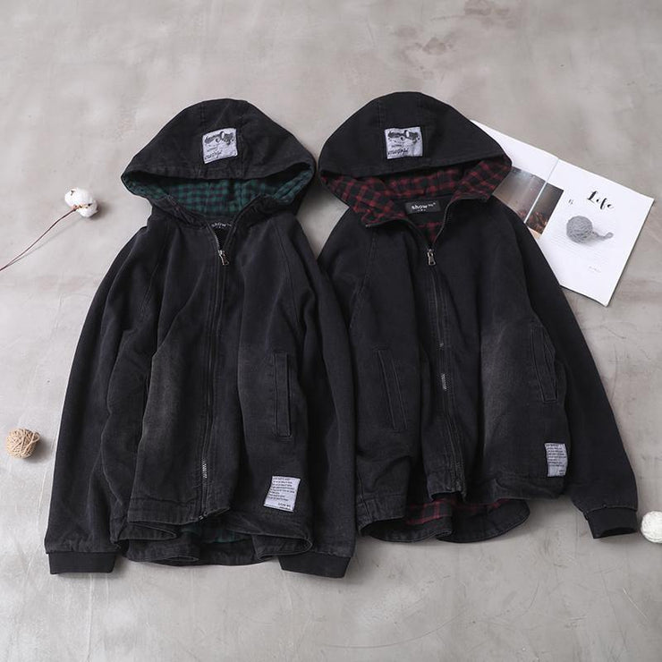 Modern black Fine crane coat Photography denim  hooded short coats - SooLinen