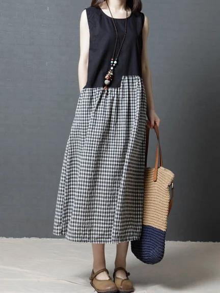 Modern black Plaid cotton linen dresses o neck sleeveless patchwork Maxi Dresses - SooLinen