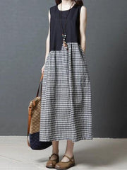 Modern black Plaid cotton linen dresses o neck sleeveless patchwork Maxi Dresses - SooLinen