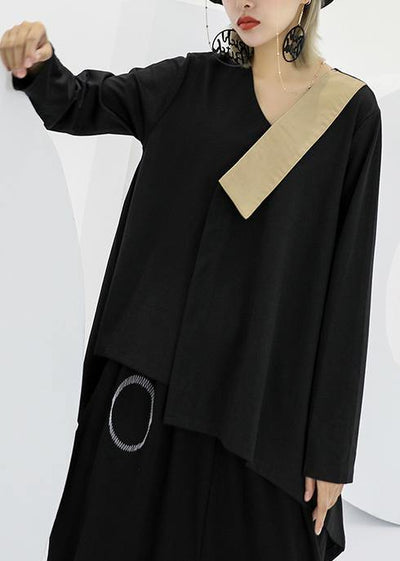 Modern black asymmetric cotton linen tops women v neck silhouette fall blouses - SooLinen