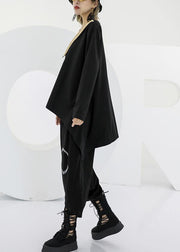 Modern black asymmetric cotton linen tops women v neck silhouette fall blouses - SooLinen