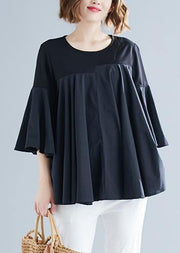 Modern black cotton blended clothes Boho Cotton o neck flare sleeve silhouette Summer blouse - SooLinen
