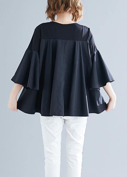 Modern black cotton blended clothes Boho Cotton o neck flare sleeve silhouette Summer blouse - SooLinen