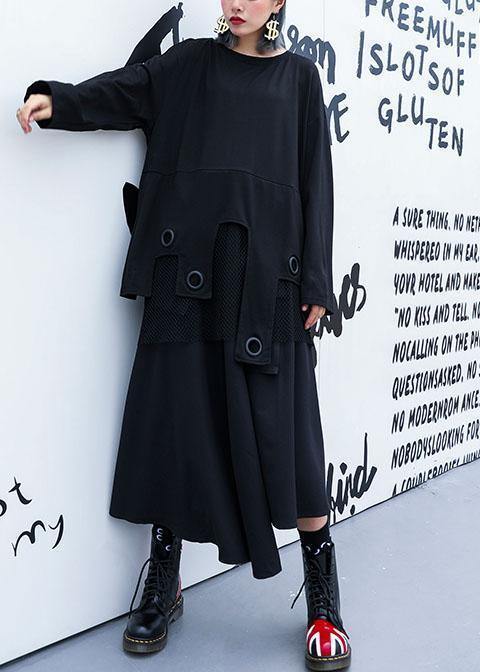 Modern black cotton clothes Women asymmetric patchwork tulle fall Dresses - SooLinen