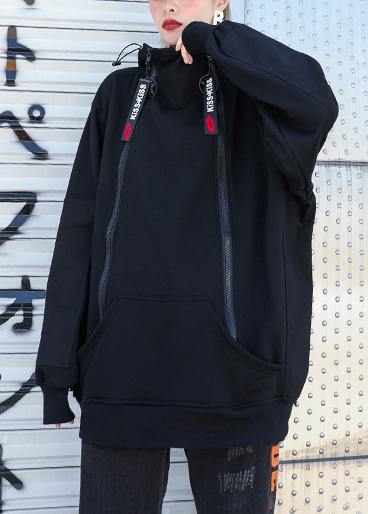 Modern black cotton clothes zippered short hooded shirts - SooLinen