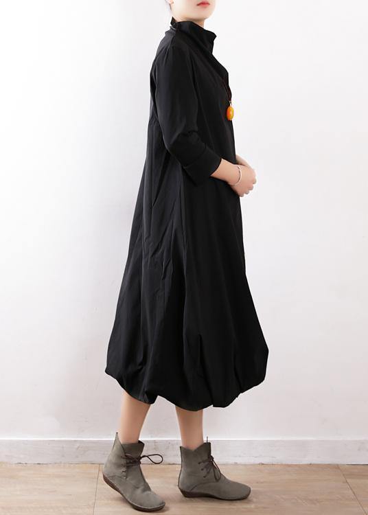 Modern black cotton dresses high neck asymmetric Traveling fall Dress - SooLinen