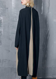Modern black cotton dresses lapel pockets patchwork Dresses fall Dress - SooLinen