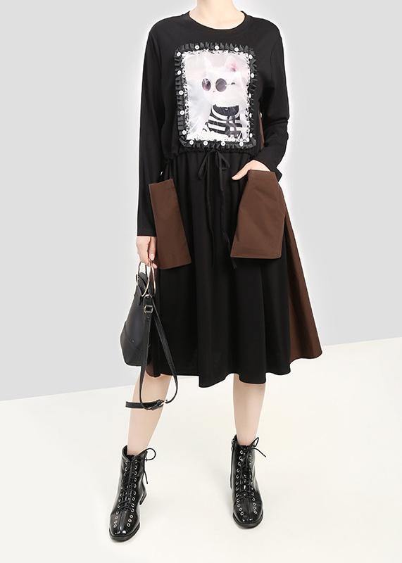 Modern black cotton quilting clothes cat prints Plus Size  patchwork pockets Dress - SooLinen
