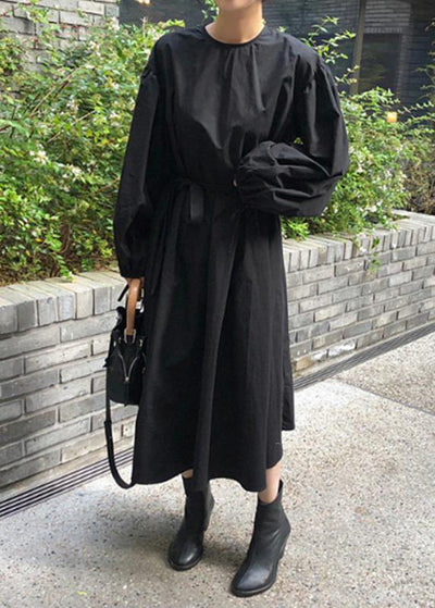 Modern black cotton quilting clothes o neck Batwing Sleeve Kaftan spring Dresses - SooLinen