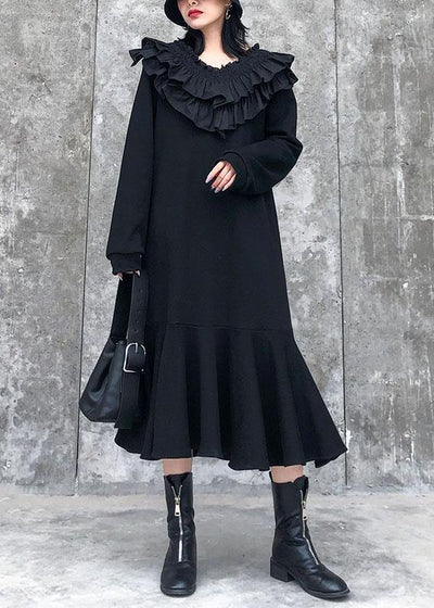 Modern black cotton quilting dresses Ruffled patchwork Maxi Dress - SooLinen