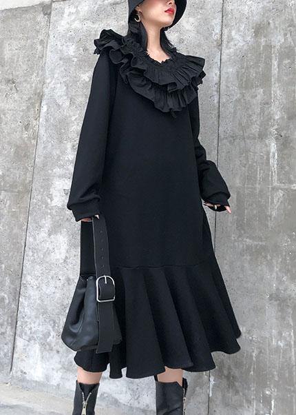 Modern black cotton quilting dresses Ruffled patchwork Maxi Dress - SooLinen