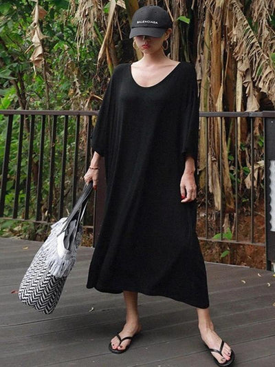 Modern black cotton tunic dress o neck baggy Maxi Dress - SooLinen