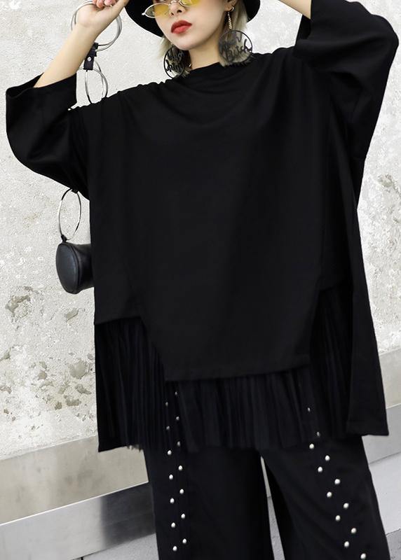 Modern black cotton tunic top asymmetric patchwork hem Knee autumn top - SooLinen