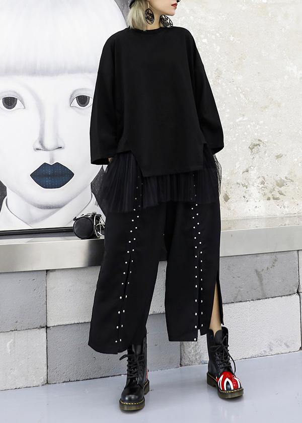 Modern black cotton tunic top asymmetric patchwork hem Knee autumn top - SooLinen