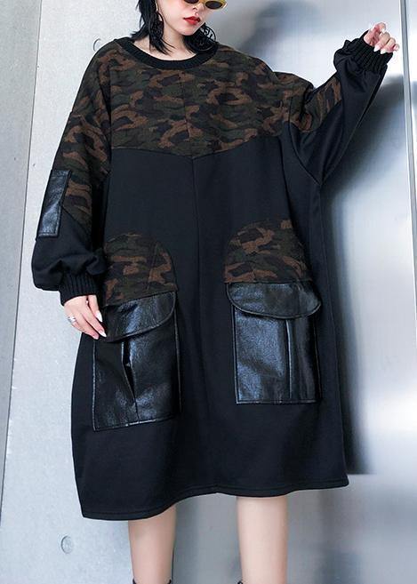 Modern black patchwork camouflage cotton Blouse pockets oversized blouses - SooLinen