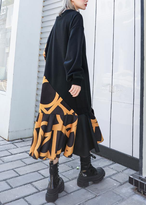 Modern black patchwork cotton Long Shirts ruffles hem cotton robes winter Dresses - SooLinen