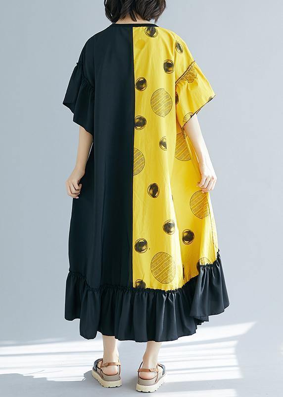Modern black patchwork yellow Long Shirts v neck Ruffles Maxi summer Dress - SooLinen