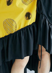 Modern black patchwork yellow Long Shirts v neck Ruffles Maxi summer Dress - SooLinen