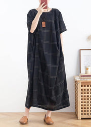 Modern black plaid cotton clothes o neck short sleeve Dresses - SooLinen