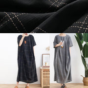 Modern black plaid cotton clothes o neck short sleeve Dresses - SooLinen