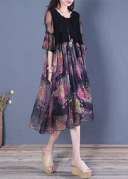Modern black print Cotton clothes o neck Butterfly Sleeve short Dresses - SooLinen
