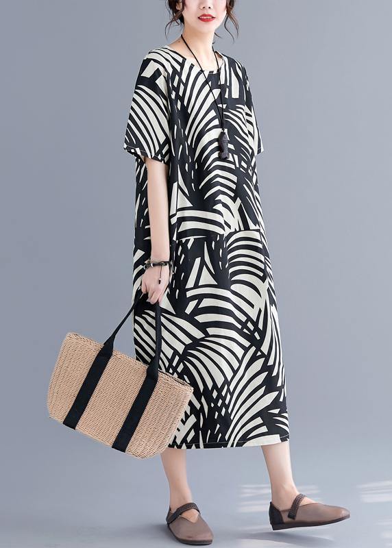 Modern black print Cotton tunic pattern o neck patchwork Art summer Dress - SooLinen