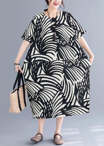 Modern black print Cotton tunic pattern o neck patchwork Art summer Dress - SooLinen