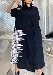 Modern black print tunics for women lapel Button Down A Line summer Dress - SooLinen