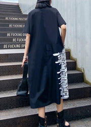 Modern black print tunics for women lapel Button Down A Line summer Dress - SooLinen
